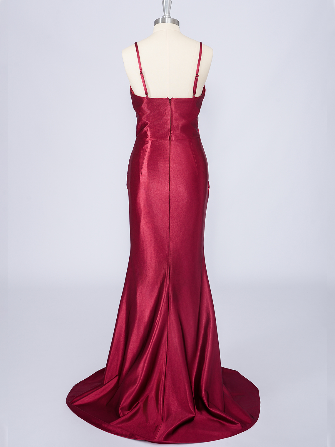 Light Burgundy Solid Color Satin Spaghetti With Slit Long Prom Dress