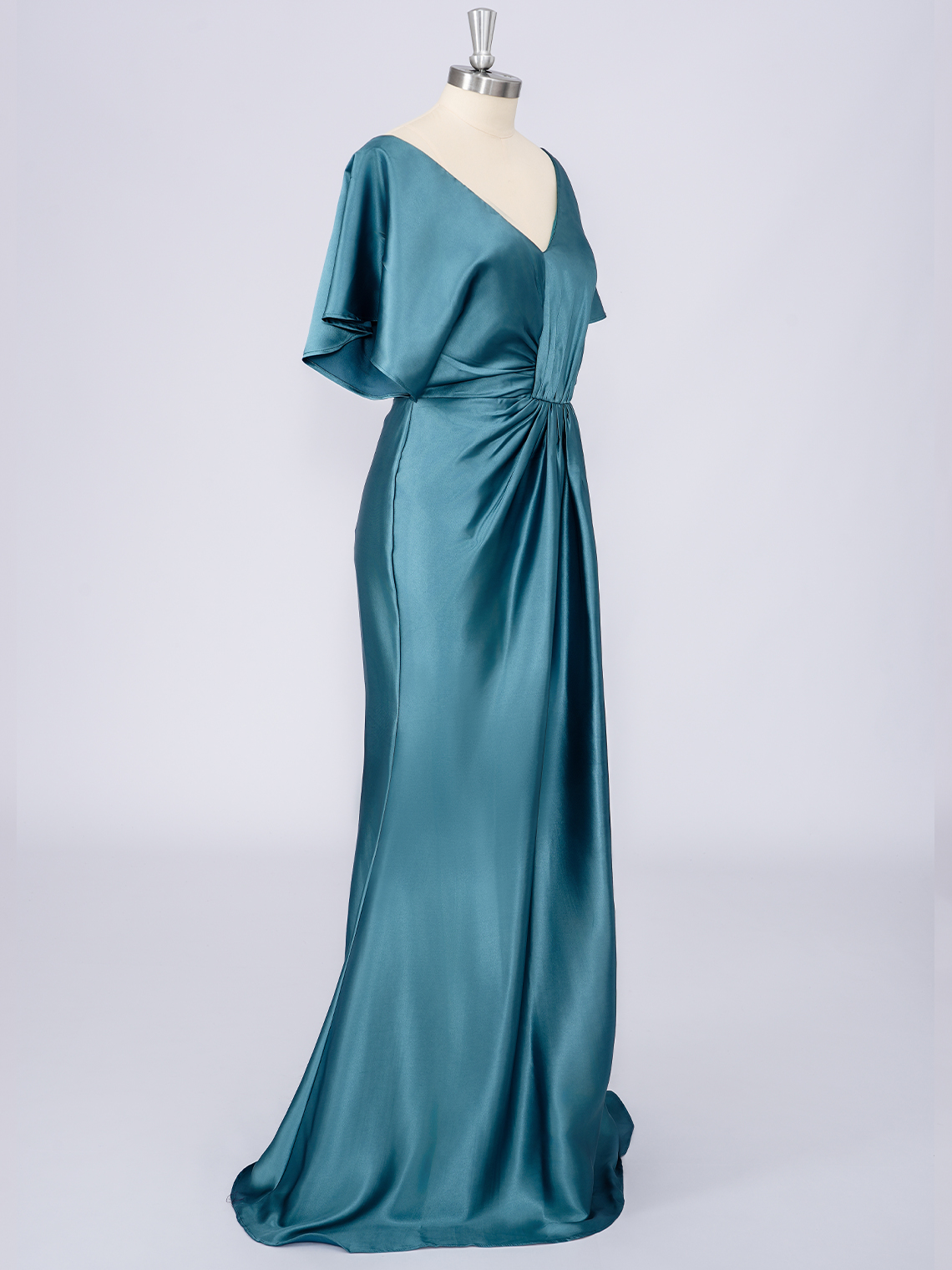 Teal Mermaid Solid Color Short Sleeves With Pleats Long Prom Dress