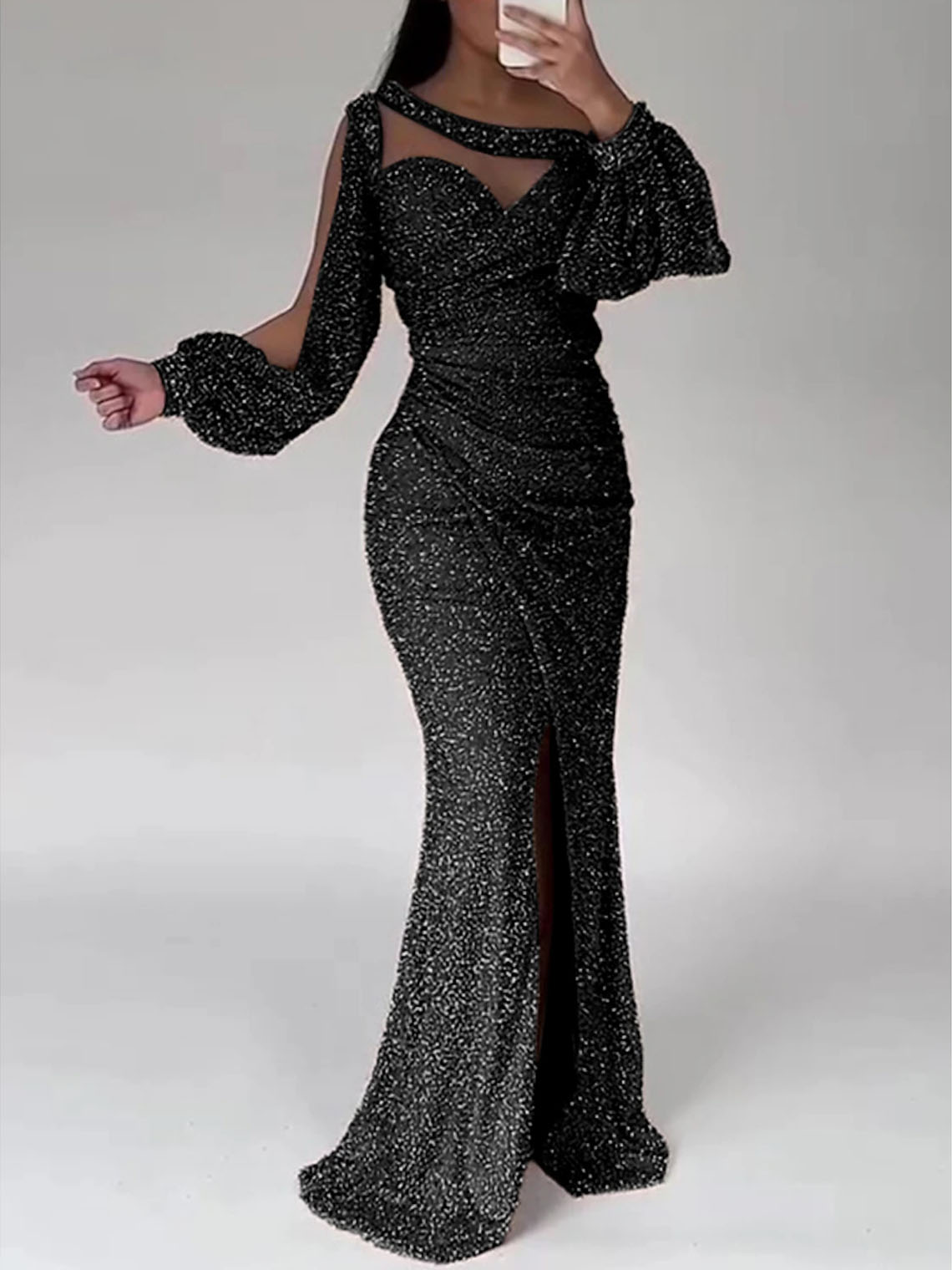 Sparkle Mermaid Sequin Long Sleeve Scoop Neck with Slit Evening Dress