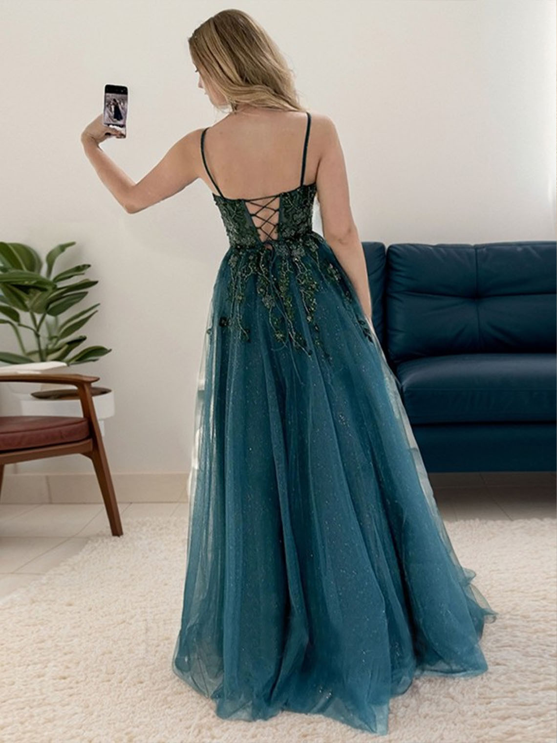 Aqua Blue A-line Tulle Spaghetti With Appliques Slit Long Prom Dress