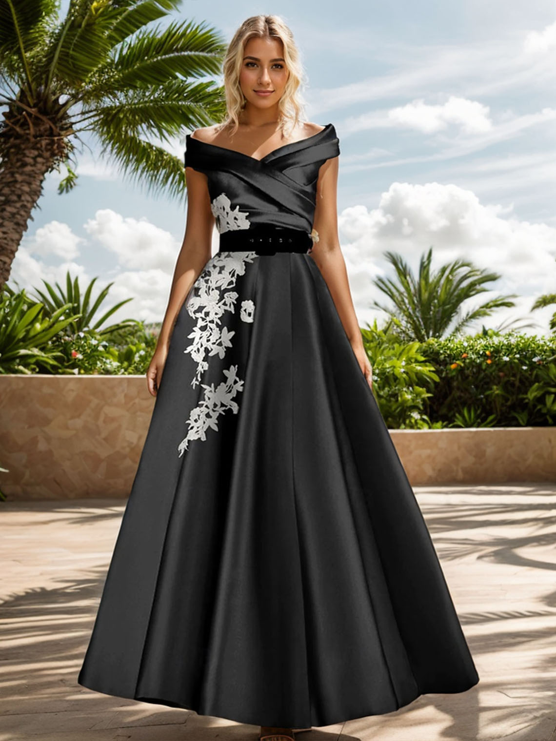 A-Line Satin Off Shoulder Floor Length with Appliques Evening Dress 