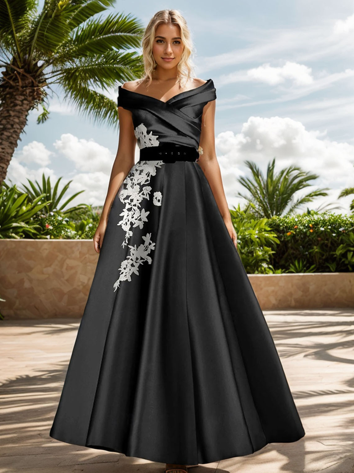 A-Line Satin Off Shoulder Floor Length with Appliques Evening Dress 