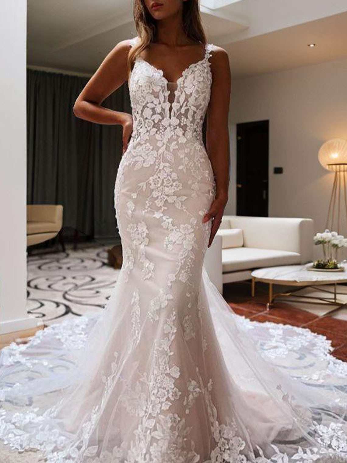 Mermaid Tulle V Neck Cathedral Train with Appliques Wedding Dress