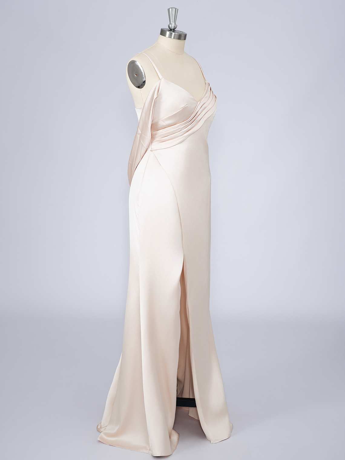 Champagne Mermaid Satin Floor Spaghetti Length With Split Prom Dress