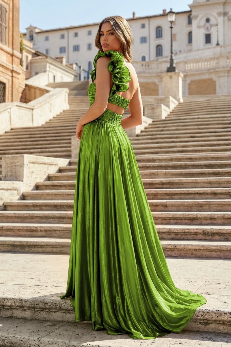 A-Line Fuchsia One Shoulder Keyhole Pleated Metallic Prom Dresses with Slit Evening Dresses, product image 12