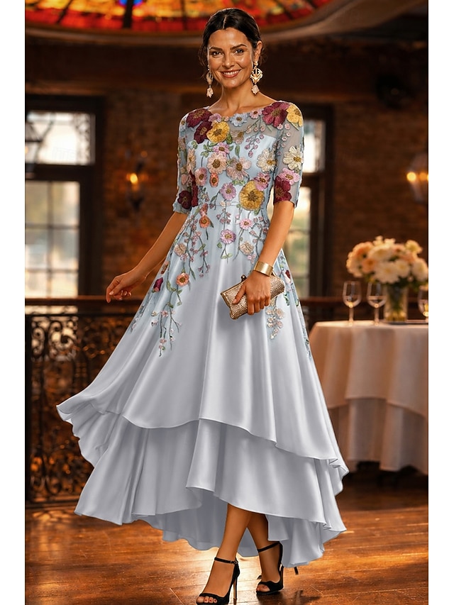 a-line mother of the bride dresses floor length asymmetrical satin lace half sleeve elegant vintage, supplier image 1