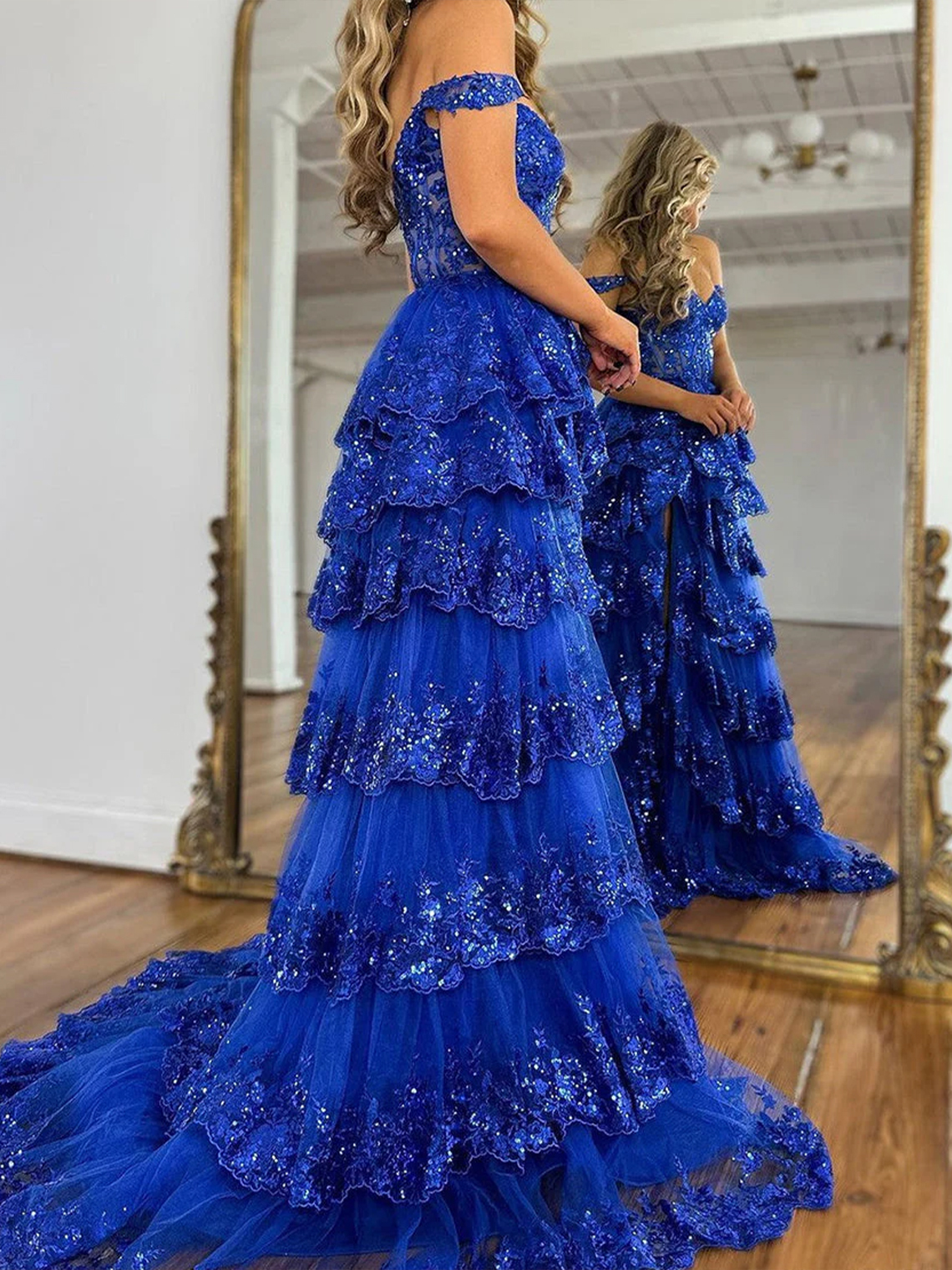 A Line Off the Shoulder with Appliques Long Prom Dress