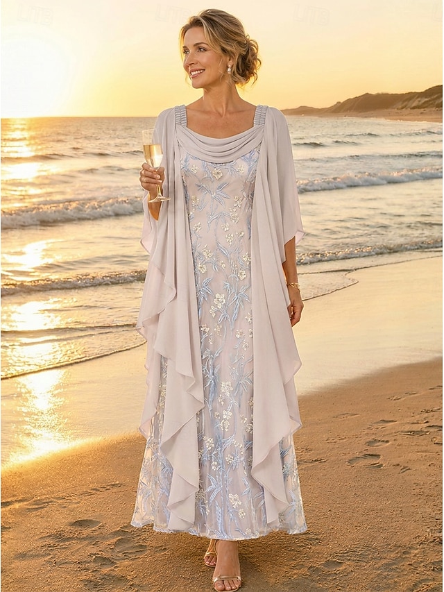 a-line ankle length mother of the bride dresses long sleeve scoop neck elegant vintage chiffon lace with ruffles, supplier image 6