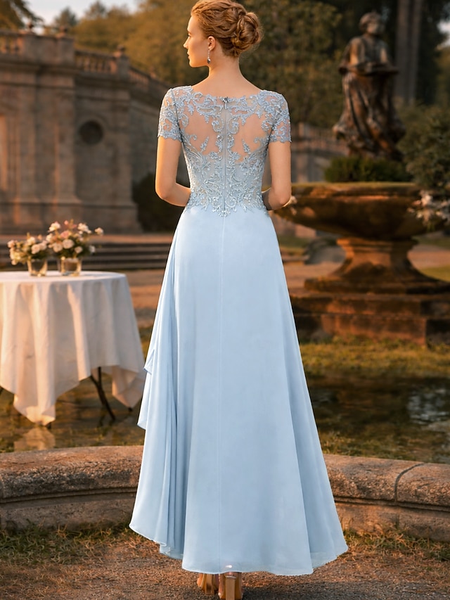 a-line tea length mother of the bride dresses wedding guest dresses cocktail dresses party dresses short sleeve v neck elegant plus size chiffon lace, supplier image 2