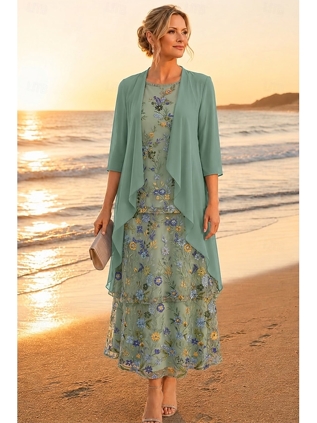 two piece a-line ankle length mother of the bride dresses 3/4 length sleeve half sleeve scoop neck elegant simple luxurious chiffon lace with ruffles, supplier image 1