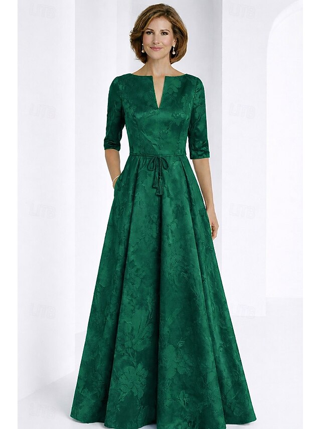 a-line floor length mother of the bride dresses wedding guest dresses formal dresses half sleeve v neck elegant vintage jacquard with bow(s), supplier image 7