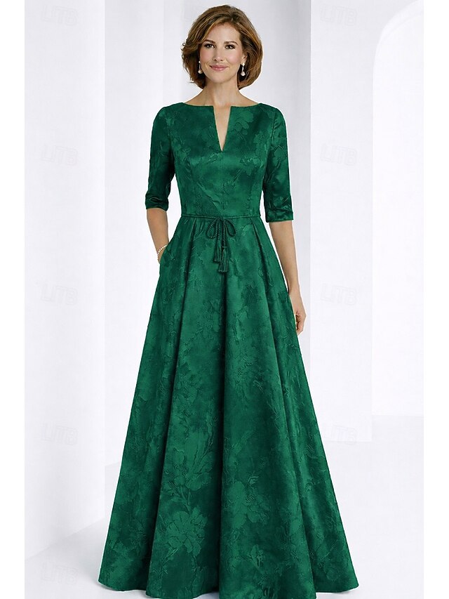 a-line floor length mother of the bride dresses wedding guest dresses formal dresses half sleeve v neck elegant vintage jacquard with bow(s), supplier image 7