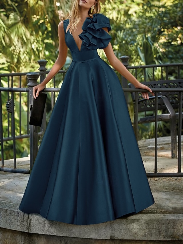 a-line floor-length wedding guest dress prom dress evening gown v-neck sleeveless satin elegant, supplier image 9