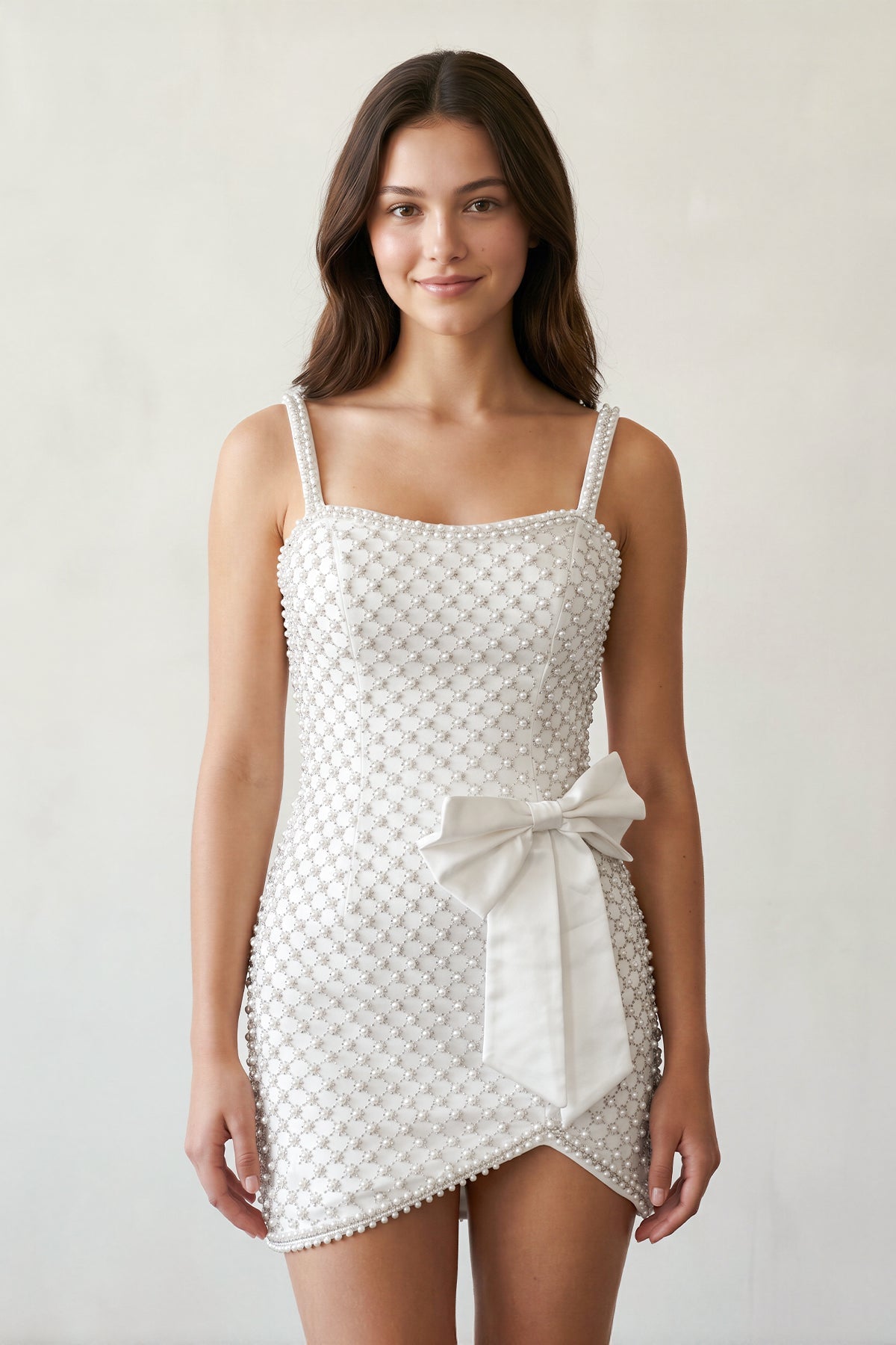 White Sheath Beaded Pearl Homecoming Dresses with Bow, supplier image 1