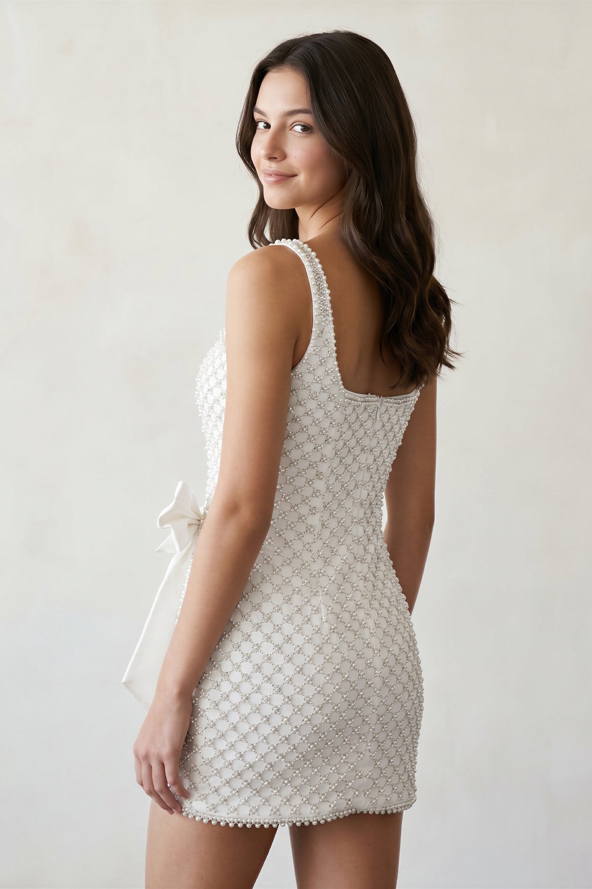 White Sheath Beaded Pearl Homecoming Dresses with Bow, supplier image 2