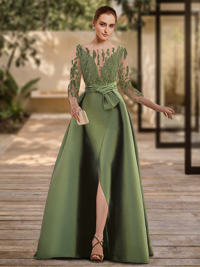 a-line floor-length mother of the bride dress wedding guest dress evening gown scoop neck 3/4 sleeves lace, supplier image 1