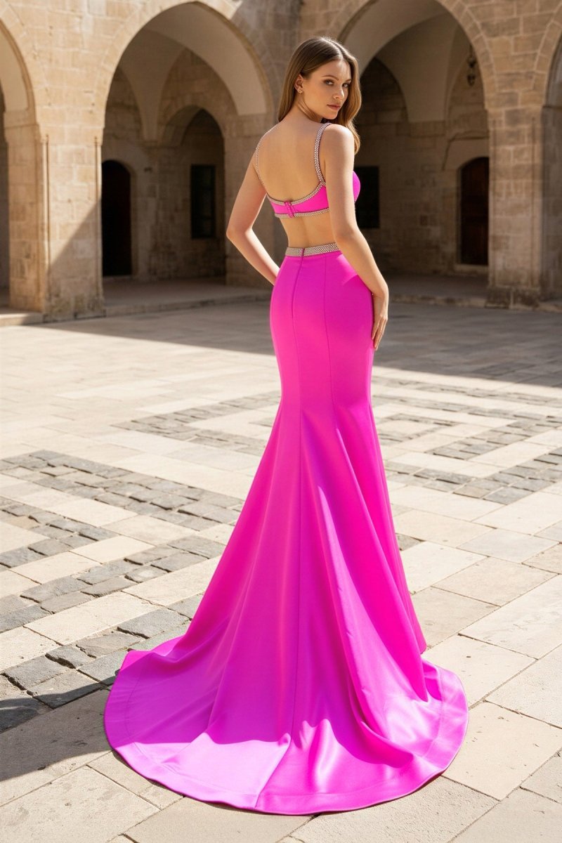Scoop Neck Mermaid Beaded Long Prom Dresses With Bow Evening Dresses, product image 2