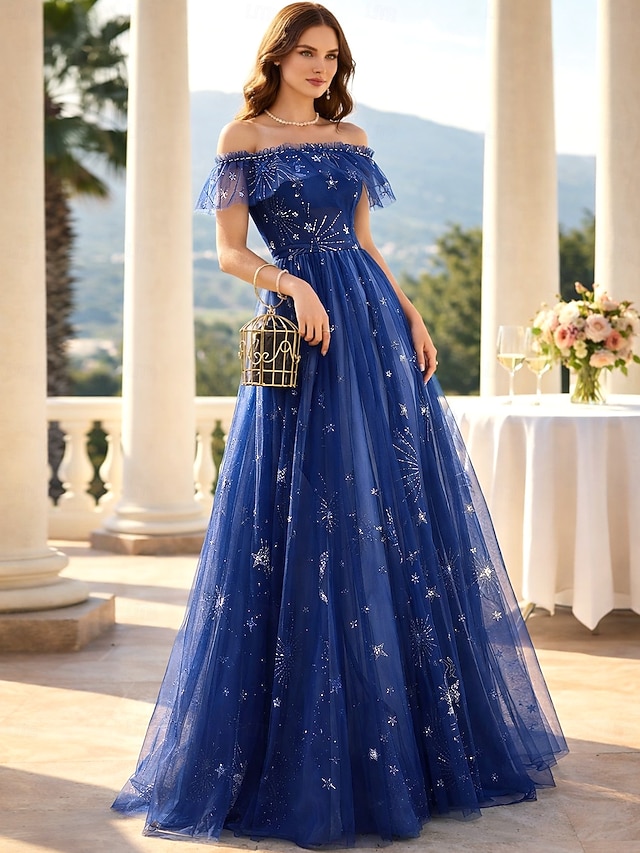 a-line floor-length wedding guest dress prom dress off-the-shoulder short sleeves tulle elegant, supplier image 2