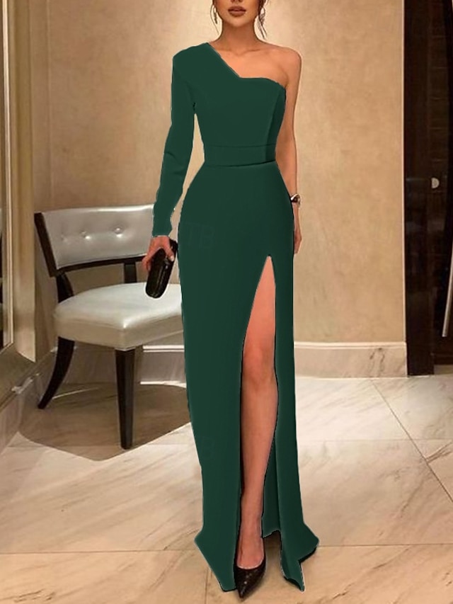 sheath column floor-length wedding guest dress prom dress evening gown one-shoulder long sleeves stretch fabric elegant simple, supplier image 9