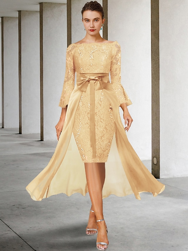 two piece sheath column knee-length mother of the bride dress wedding guest dress formal dress off-the-shoulder 3/4 sleeves chiffon lace elegant, supplier image 7