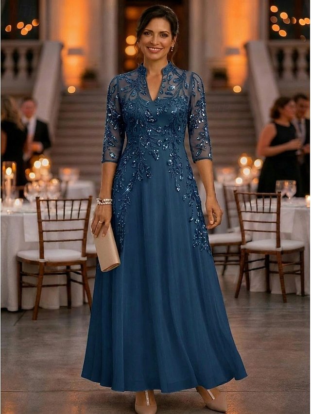a-line ankle length mother of the bride dresses 3/4 length sleeve v neck elegant vintage luxurious chiffon tulle with beading, supplier image 14