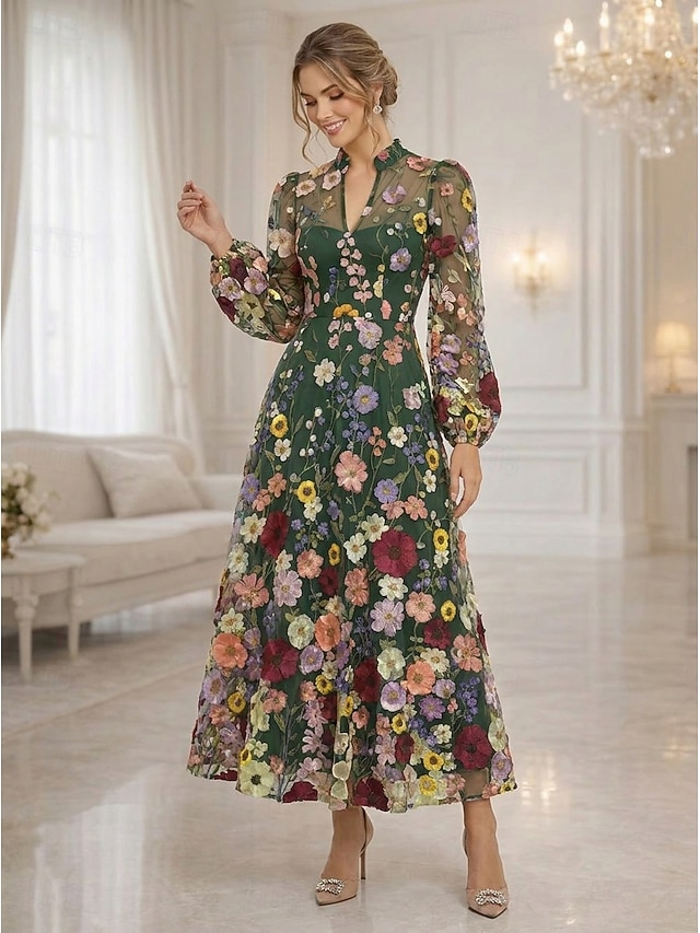 a-line mother of the bride dresses ankle length lace tulle with 3d flowers long sleeve v neck, supplier image 10