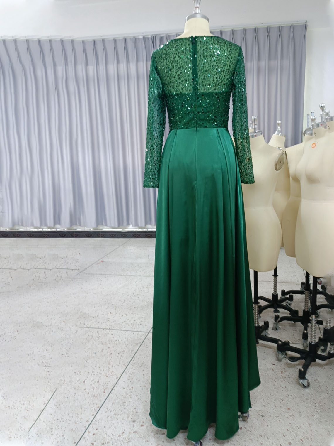Mermaid Sequin Satin Long Sleeves with Pearls Long Evening Dress