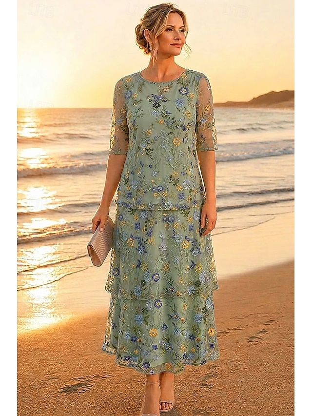 two piece a-line ankle length mother of the bride dresses 3/4 length sleeve half sleeve scoop neck elegant simple luxurious chiffon lace with ruffles, supplier image 3