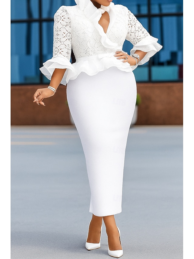 sheath column ankle-length wedding guest dress prom dress v-neck half sleeves lace, supplier image 4