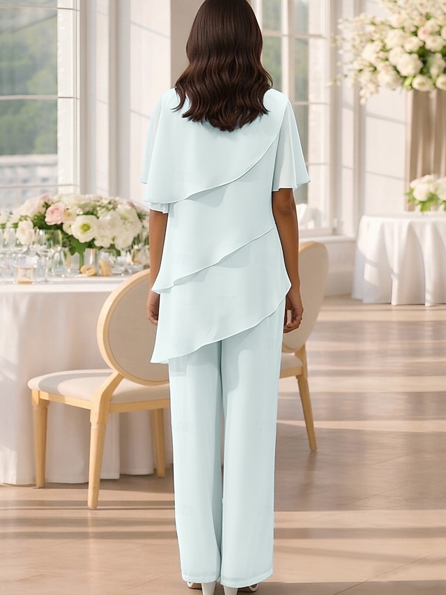 two piece jumpsuit pantsuit floor-length mother of the bride dress wedding guest dress jewel neck short sleeves chiffon elegant, supplier image 2