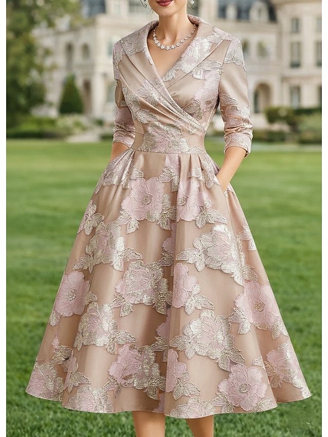 a-line mother of the bride dresses tea length satin jacquard with pleats long sleeve elegant vintage, supplier image 1