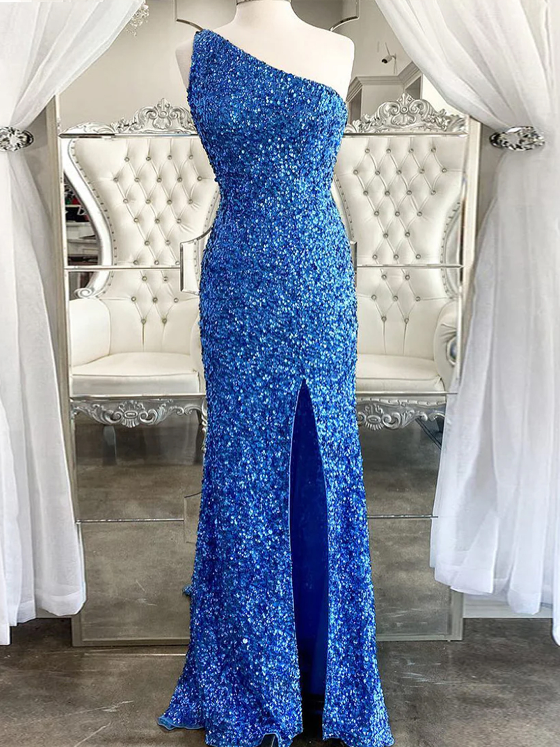Glitter Mermaid One Shoulder Open Back Sleeveless Sexy Prom Dress