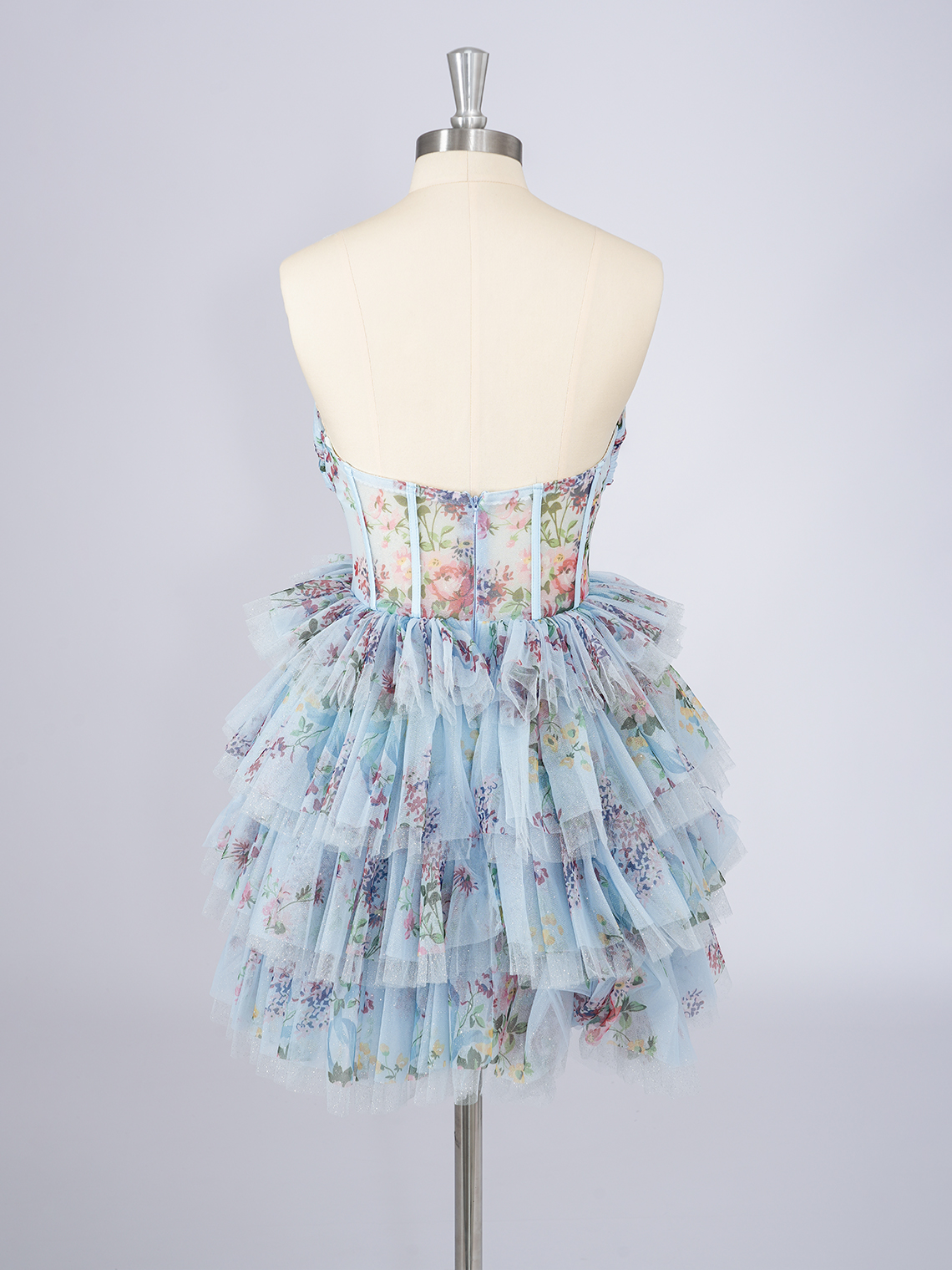 Blue A-Line Tulle Strapless With Tiered Short Homecoming Dress ﻿