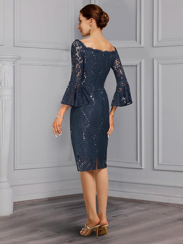 two piece sheath column knee-length mother of the bride dress wedding guest dress formal dress off-the-shoulder 3/4 sleeves chiffon lace elegant, supplier image 5