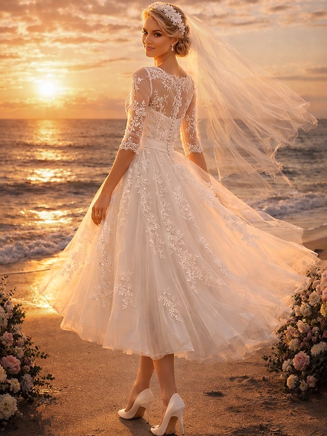 a-line tea-length little white dress wedding dress illusion neck 3/4 sleeves lace tulle, supplier image 2