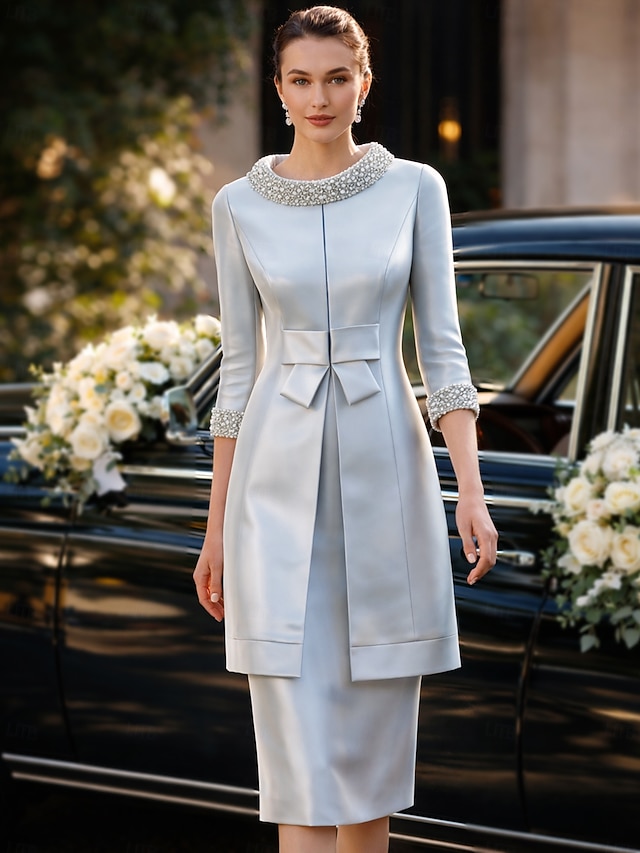 two piece sheath column knee-length mother of the bride dress wedding guest dress jewel neck short sleeves satin elegant, supplier image 2