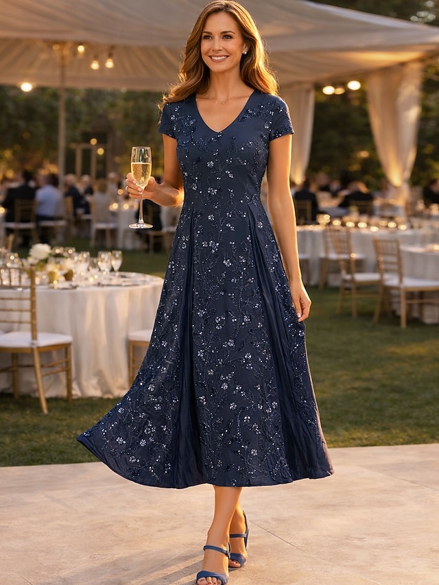 two piece a-line mother of the bride dresses wedding guest dresses tea length chiffon lace v neck, supplier image 2