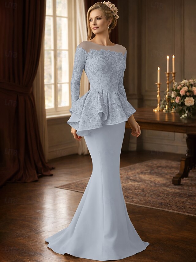 mermaid floor-length mother of the bride dress wedding guest dress evening gown scoop neck long sleeves lace stretch fabric elegant, supplier image 12