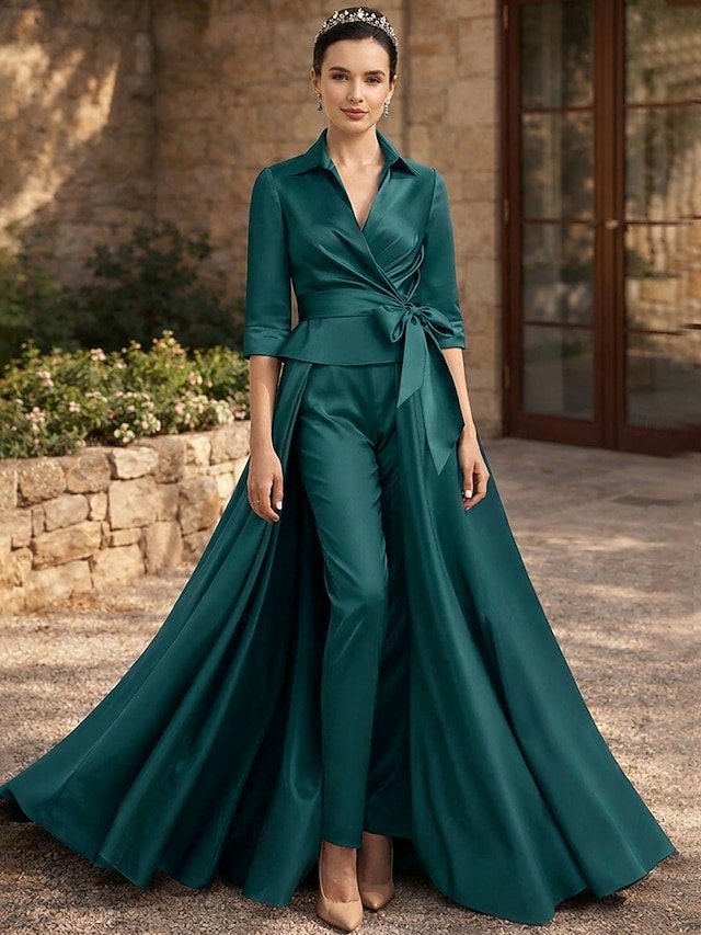 two piece jumpsuit pantsuit mother of the bride dresses ankle length satin with bow(s) half sleeve, supplier image 11