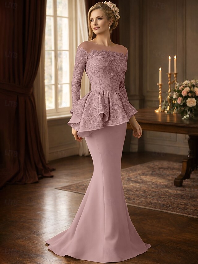 mermaid floor-length mother of the bride dress wedding guest dress evening gown scoop neck long sleeves lace stretch fabric elegant, supplier image 8