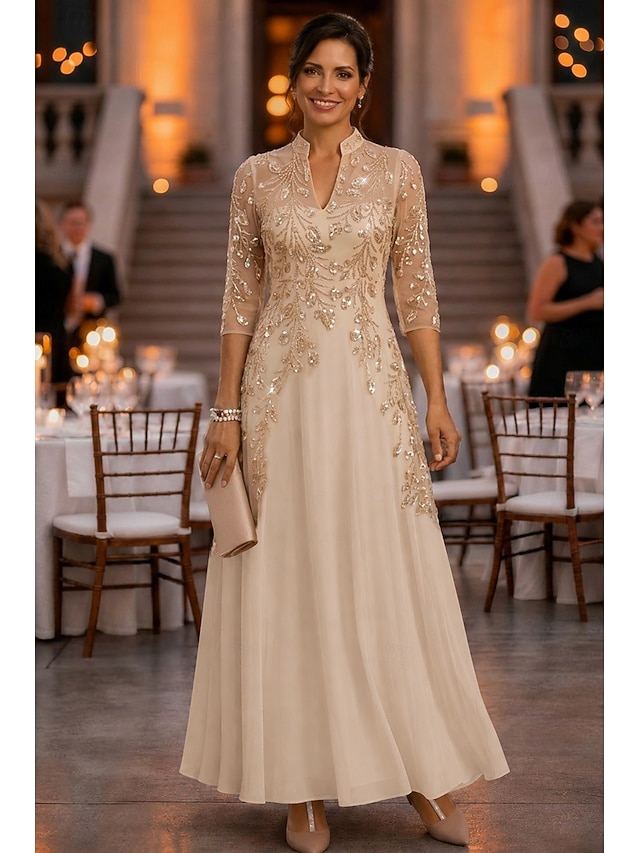 a-line ankle length mother of the bride dresses 3/4 length sleeve v neck elegant vintage luxurious chiffon tulle with beading, supplier image 1
