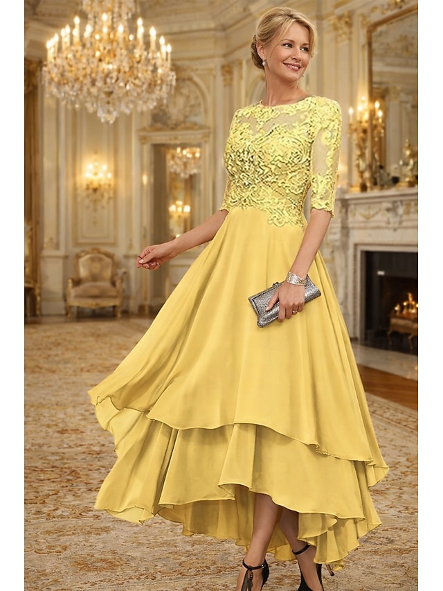 a-line asymmetrical mother of the bride dresses wedding guest dresses cocktail dresses party dresses half sleeve crew neck elegant simple lace, supplier image 16