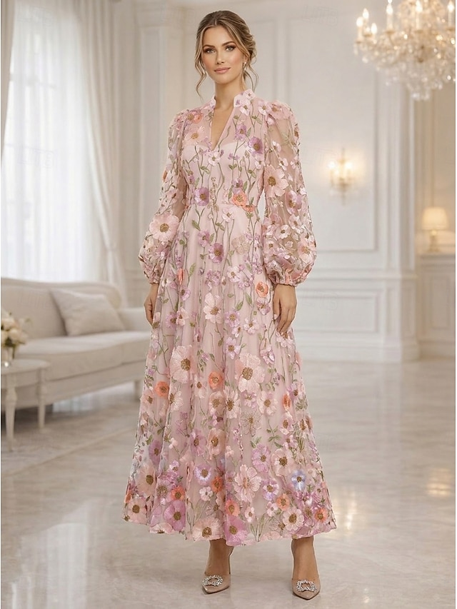 a-line mother of the bride dresses ankle length lace tulle with 3d flowers long sleeve v neck, supplier image 4