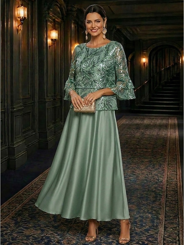 a-line mother of the bride dresses ankle length satin lace with sequin 3/4 length sleeve crew neck, supplier image 1