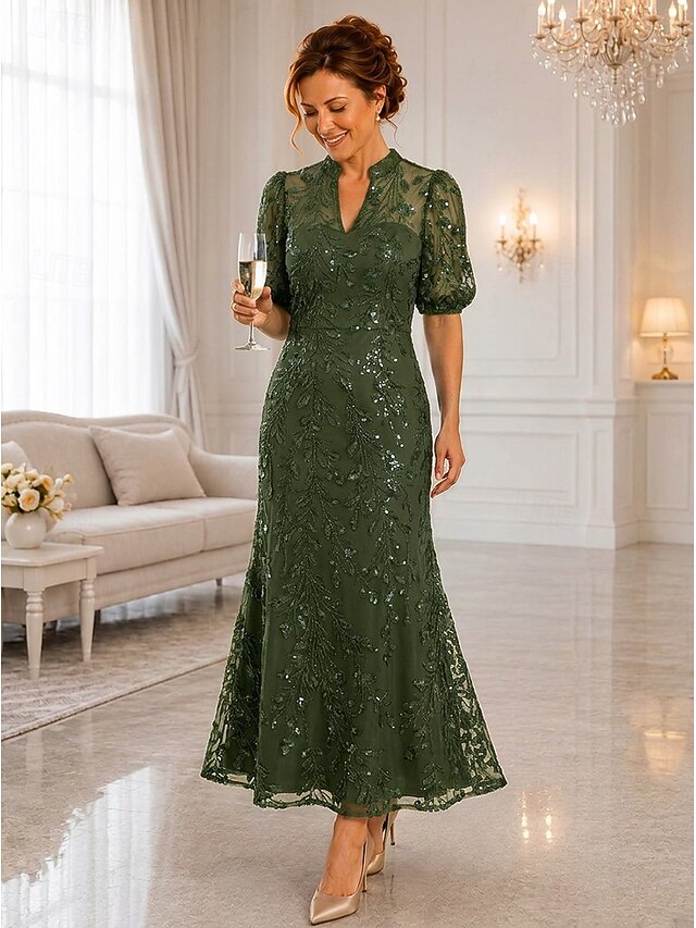 a-line ankle length mother of the bride dresses short sleeve v neck elegant luxurious sparkle & shine lace with beading, supplier image 12