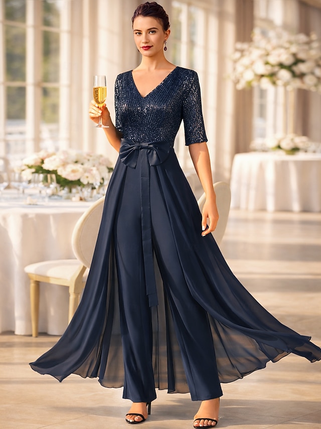 jumpsuit pantsuit jumpsuit pantsuit ankle length mother of the bride dresses half sleeve scoop neck elegant chiffon with bow(s), supplier image 1