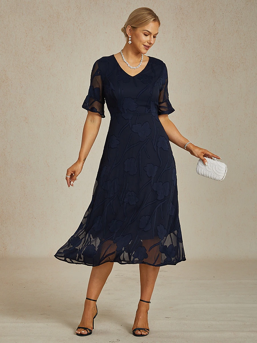 A-Line Wedding Guest Dresses Maxi V-Neck Flutter Sleeve Floral Lace
