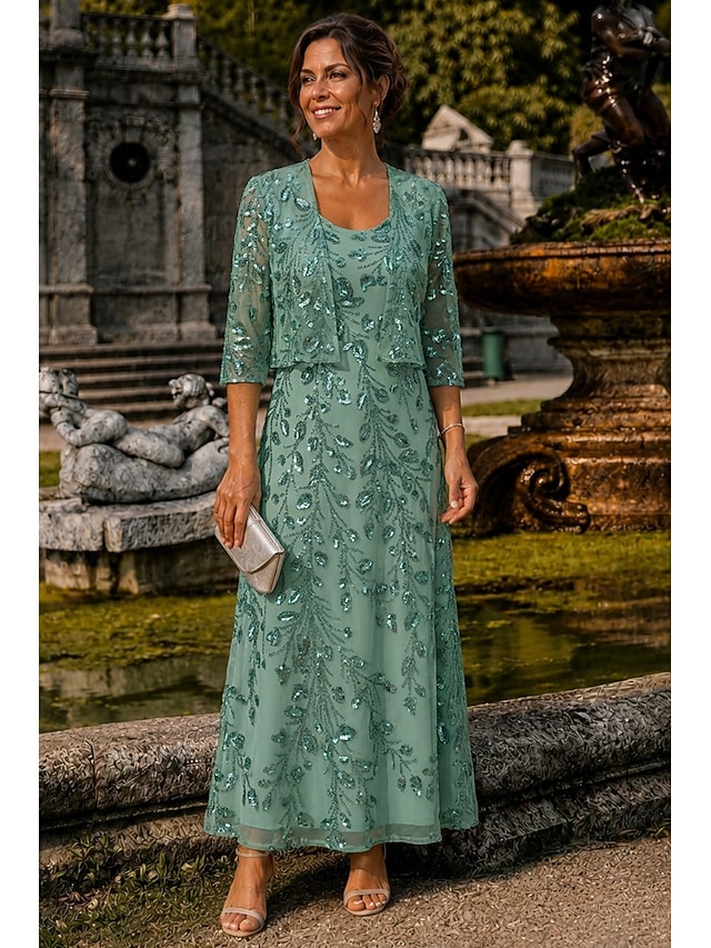 two piece a-line ankle length mother of the bride dresses 3/4 length sleeve scoop neck elegant simple luxurious lace with beading, supplier image 1