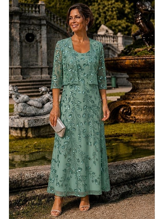two piece a-line ankle length mother of the bride dresses 3/4 length sleeve scoop neck elegant simple luxurious lace with beading in Sage Green, US4