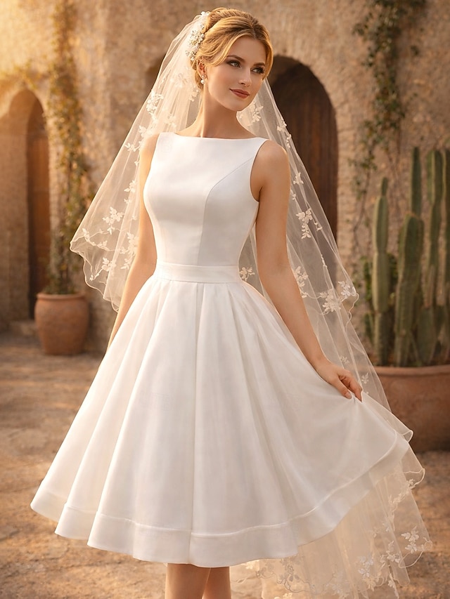 a-line knee-length little white dress wedding dress scoop neck sleeveless satin, supplier image 1